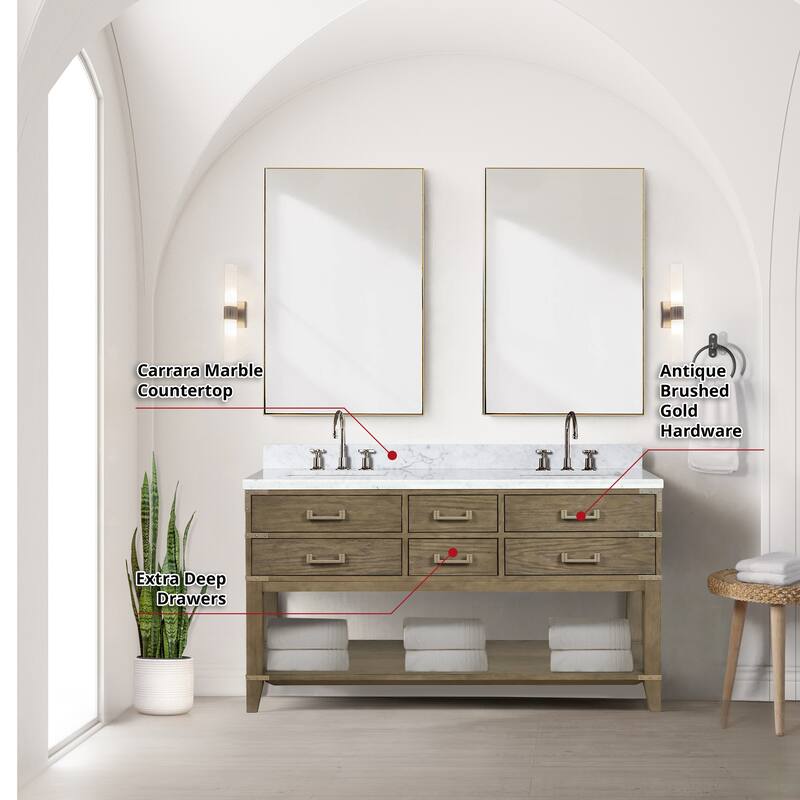 Lexora Norwalk Bath Vanity, Carrara Marble Top, Faucet Set, and Mirror