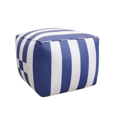 Pasargad Home Galaxy White/Blue Striped Pouf, 17"H