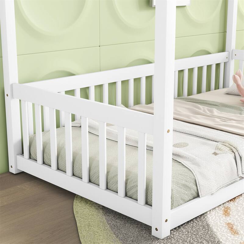 Twin Size Canopy Frame Floor Bed with Fence,Guardrails