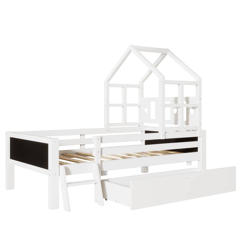 Twin Size House Bed with Ladder, Storage Drawer & Double-Sided Blackboard - No Box Spring Needed, Fun & Creative Design