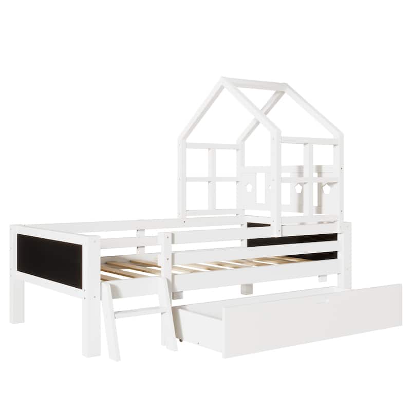 Twin Size Wood Platform Bed with Ladder, Storage Drawer and 2 Chalkboards(No Box Spring Needed)