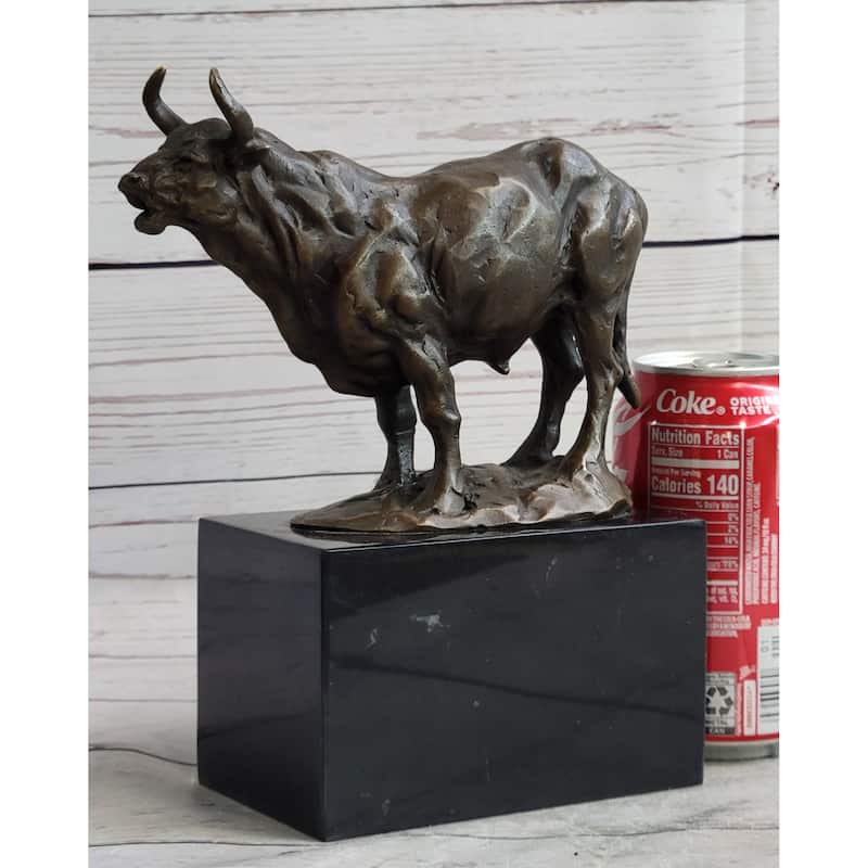 Hot Cast Bronze Metal Bull Cattle Cow Sculpture Statue Figure On Marble Base