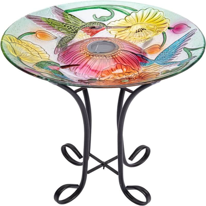 Glass Bird Baths for Outdoors, Solar Bird Baths with Metal Stand Bed