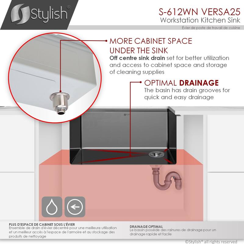STYLISH 25 inches Workstation Single Bowl Undermount 16 Gauge Stainless Steel Kitchen Sink with Built in Accessories Handmade