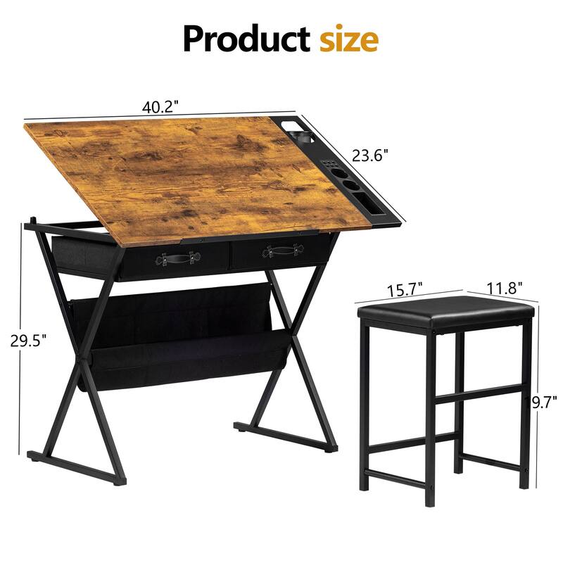 VECELO Drafting Table Set with Stool Set of 2 Tilting Art Desk with Pencil Ledge Storage Drawers with X-Frame for Home Studio
