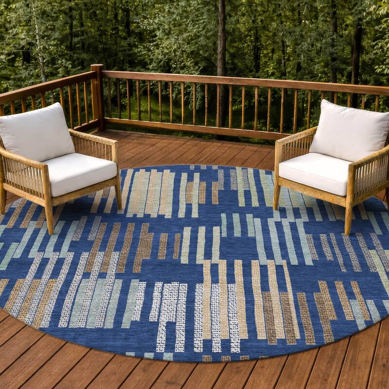 Machine Washable Indoor/ Outdoor Modern Pines Chantille Rug - Navy - 8' x 8'