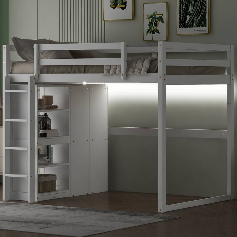 Full Size Loft Bed with Wardrobe, Storage Shelves, and LED Light in White