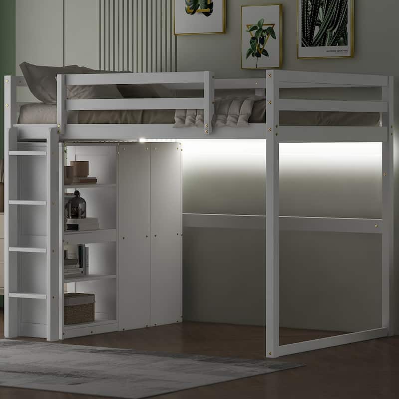 Full Size Wood Loft Bed with Built-in Wardrobe and Storage Shelves, Led light, White