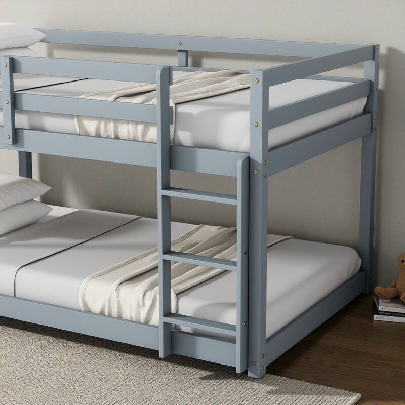 Solid Rubber Wood Twin Over Twin Floor Bunk Bed with Ladder, Low Height Design and Strengthened Slat Support