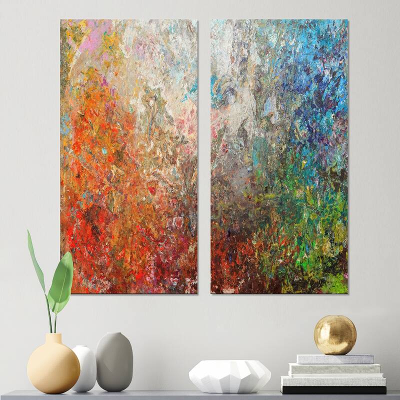 Designart "Board Stained Abstract Art" Abstract Canvas Wall Art Print 2 Piece Set - 16" W x 32" H x 1" D x 2 Pieces
