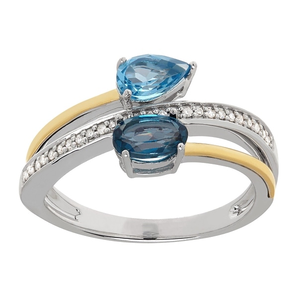 1 ct Natural Swiss & London Blue Topaz Bypass Ring with Diamonds in 14K Gold & Sterling Silver