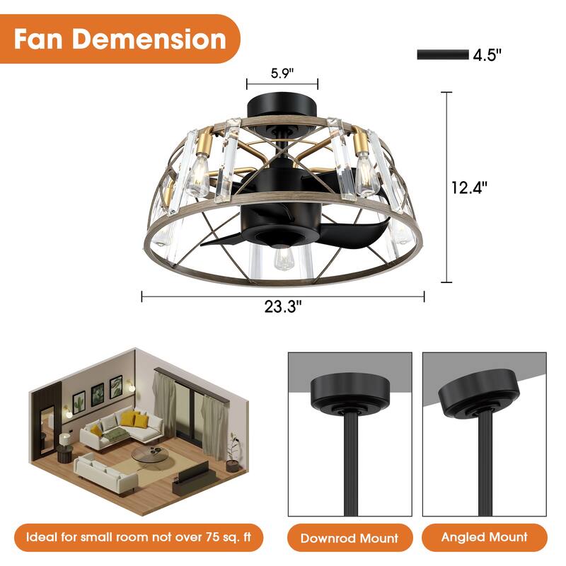 23" Modern Matte Black Reversible Caged DC Motor Ceiling Fan with Light and Remote - 23" W x 23" D x 13.2" H