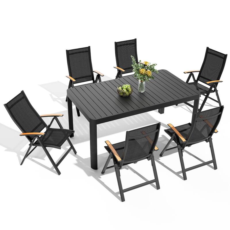 7-Piece Outdoor Patio Dining Set Aluminum Extendable Table with Adjustable Folding Chairs - Black