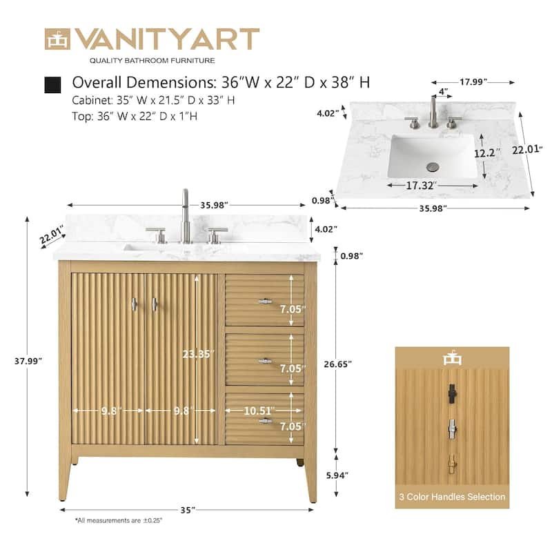 Vanity Art 36" Single Sink Bathroom Vanity Cabinet with Engineered Marble Countertop