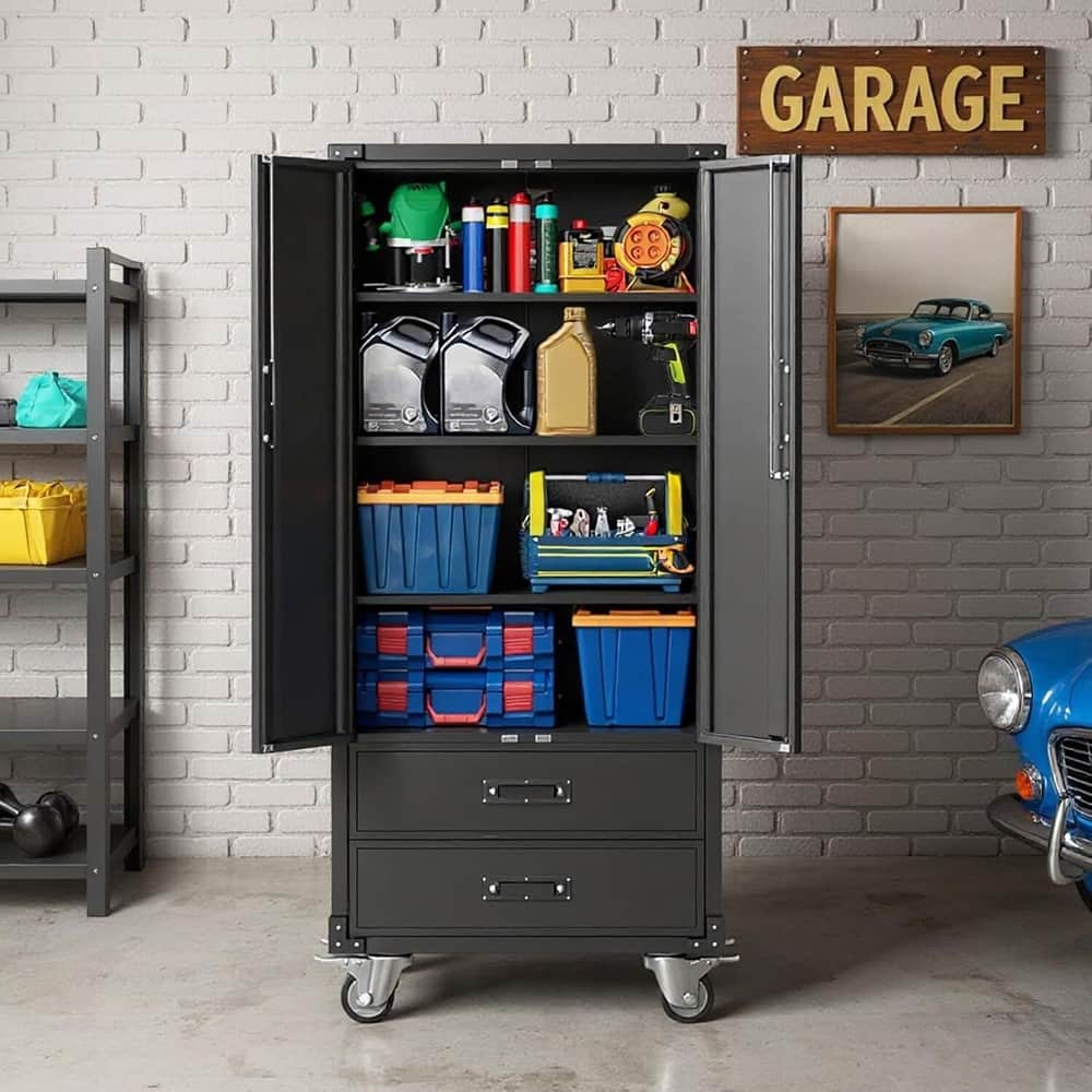 Heavy-Duty Metal Garage Storage Cabinet with Drawers & Lockable Wheels - N/A