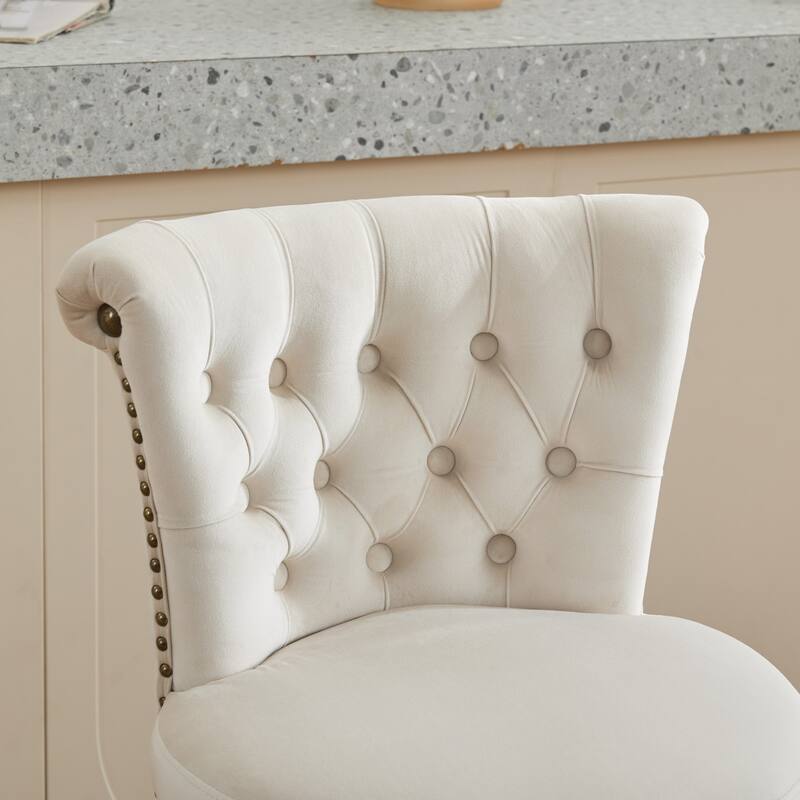 Velvet Upholstered Counter Height Bar Stools Set of 2, Tufted Button Swivel Bar Stools, Kitchen Counter Stools with Wood Legs