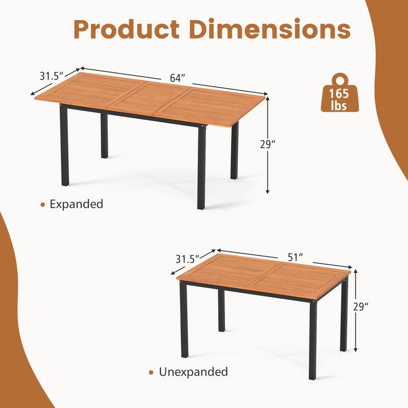 Expandable Acacia Wood Outdoor Dining Table with Metal Frame and Umbrella Hole for 4-8 Person - 51"-64" x 31.5" x 29"