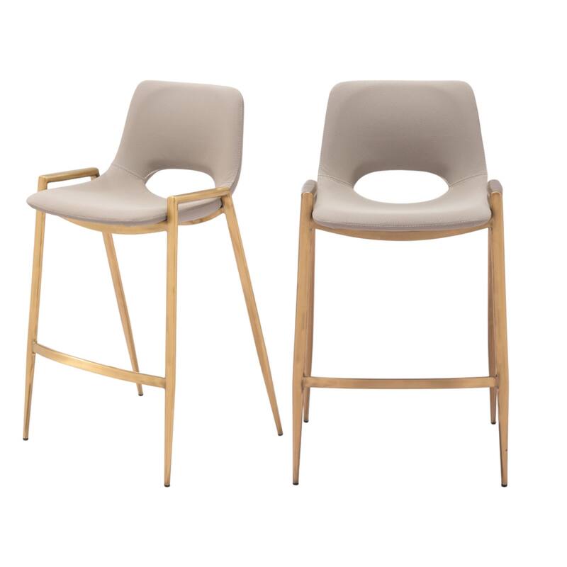 Set of Two 26" Beige And Gold Faux Leather And Steel Low Back Counter Height Bar Chairs