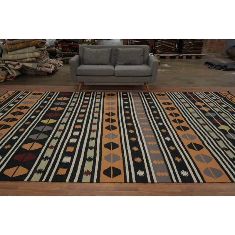 Hand Woven Oriental 100% Wool Carpet Southwestern Tribal Oranges & Rust Kilim Area Rug - 14' 0'' X 9' 1''
