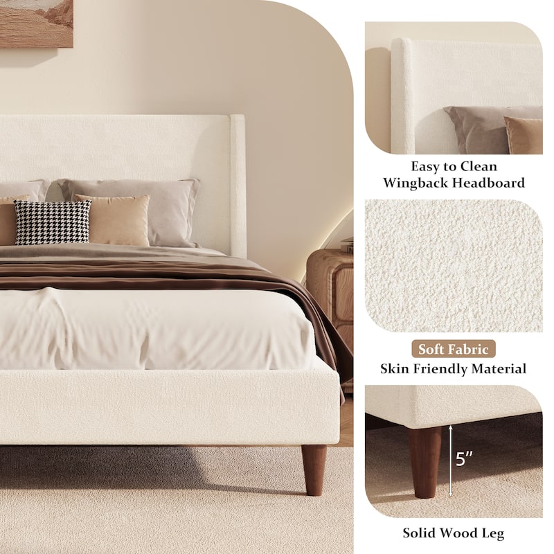 Modern Velvet Upholstered Platform Bed with Wingback Headboard - Ivory - Queen