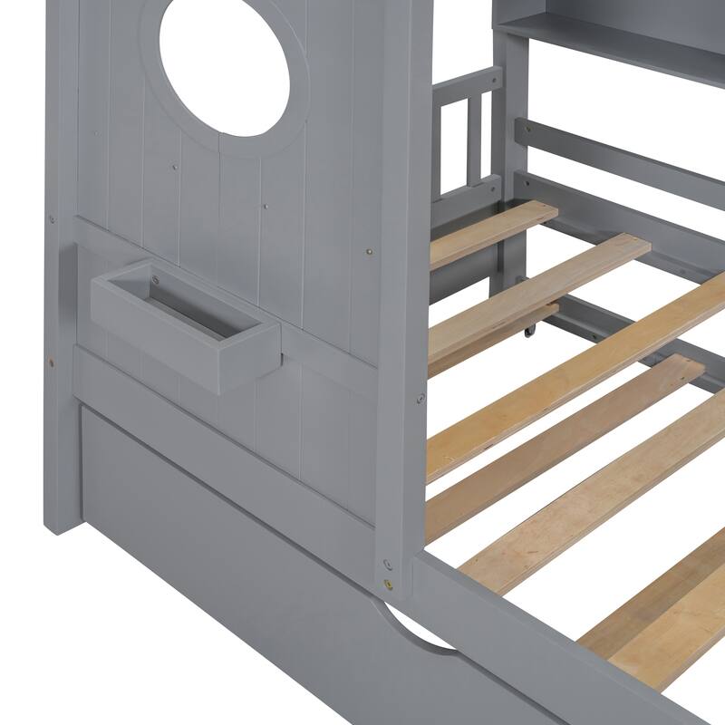 Twin Size Wooden Platform Bed with Trundle and Storage Shelf