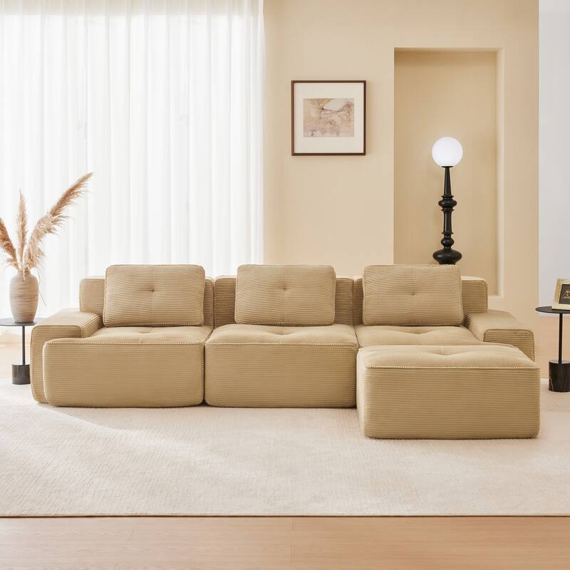117" Modern L-Shaped Modular Sectional Sofa for Living Room, Corduroy Fabric,3-Seater Couch with Deep Seat and Movable Ottoman
