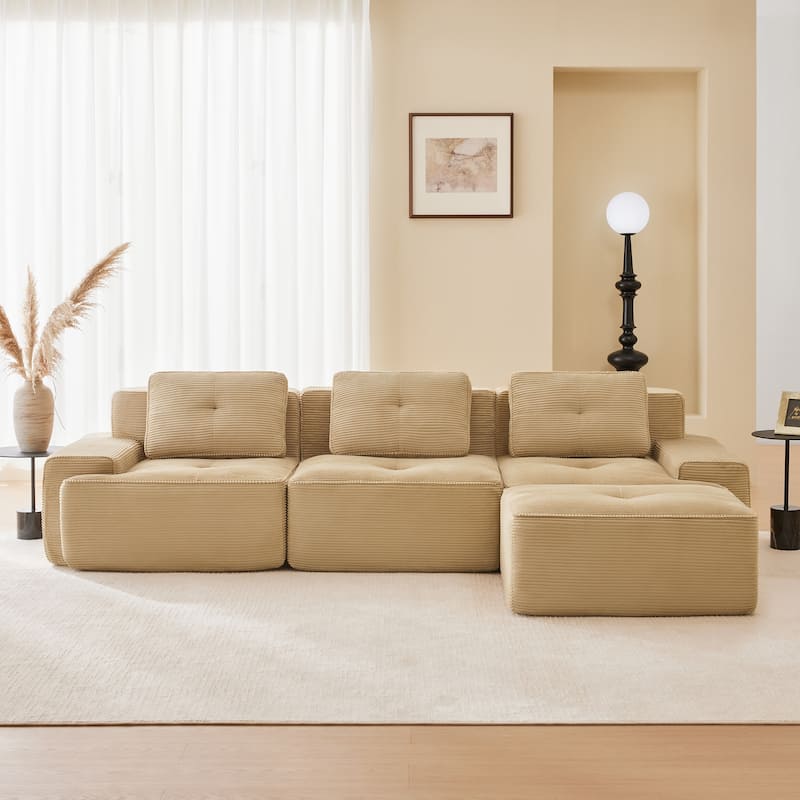 Roomfitters No Assembly Modular Sofa, 117 Inch Corduroy 3-Seater with Piping, Camel