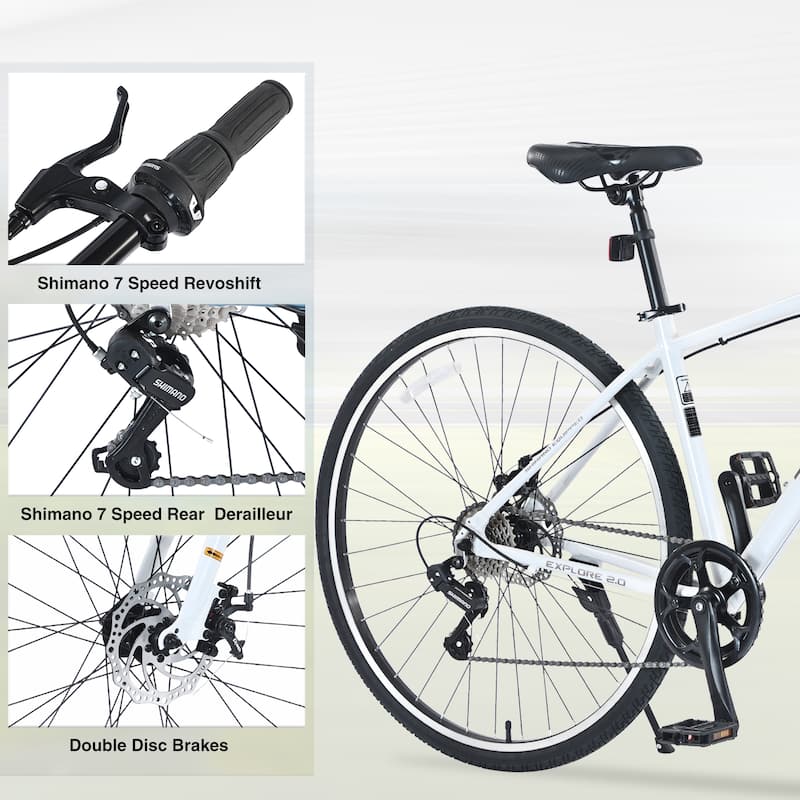 Shimano 7 Speed Hybrid Bike 700C Road Cycling Bicycle, Urban Commuter Bicycles with Double Disc Brakes, Aluminum Alloy Frame