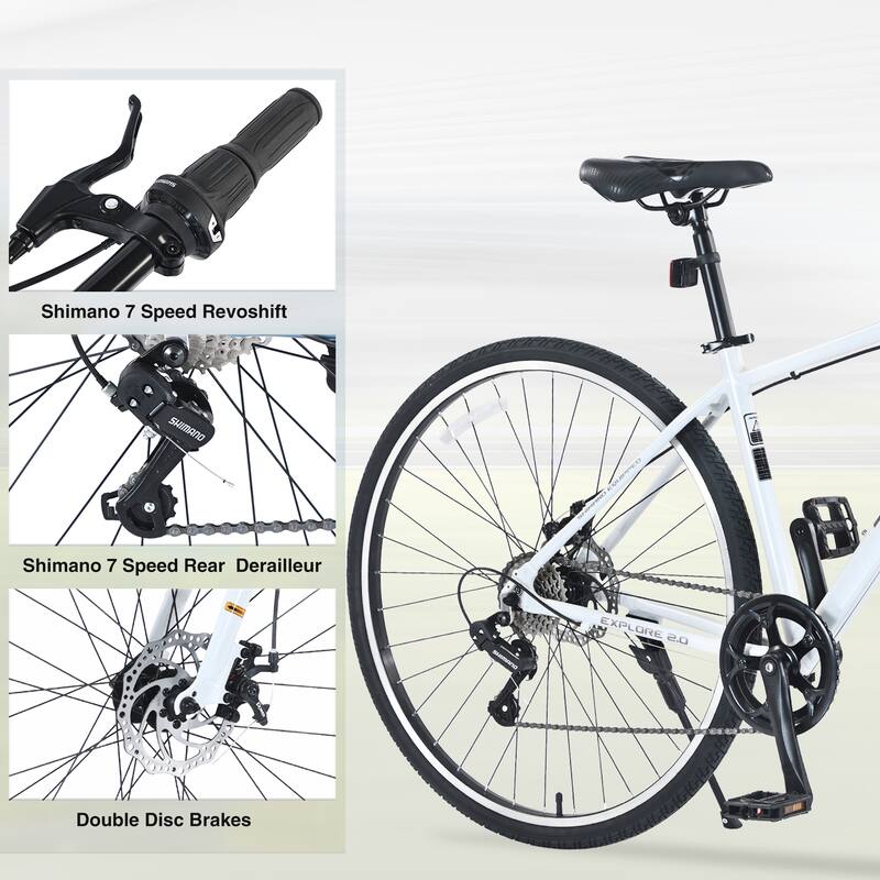 Unisex Hybrid Road Bike - Aluminum Alloy Frame, Double Disc Brakes, Shimano Gears - 26