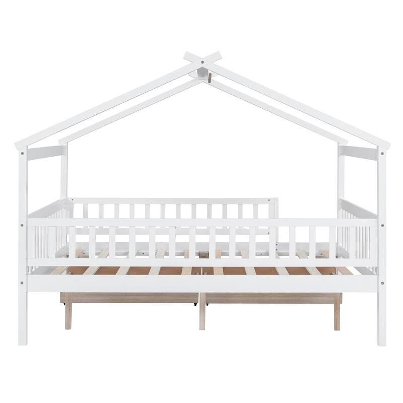 Space-Saving Full Size House Daybed with Storage Drawers and Roof Design