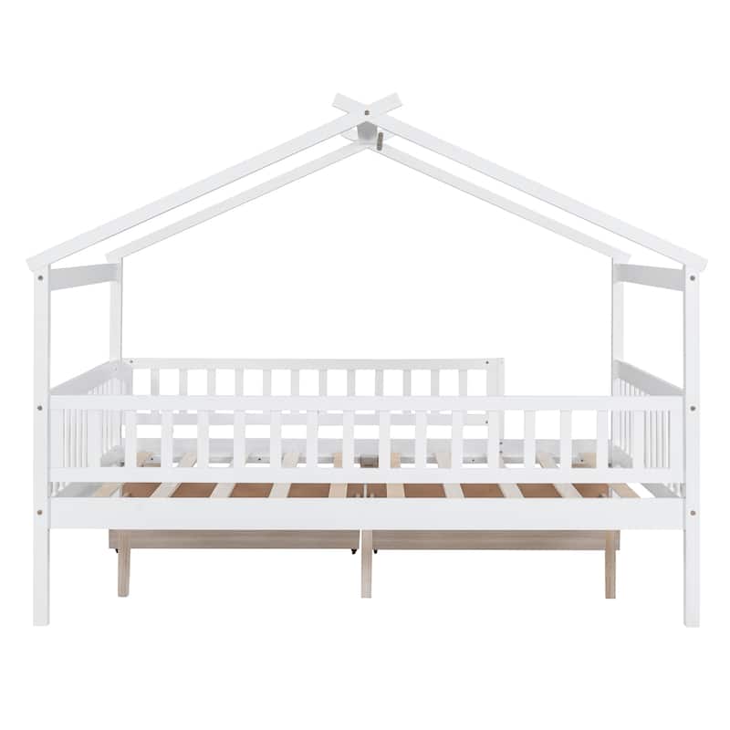 Wooden Full Size House Bed with Storage Drawers and Roof Design