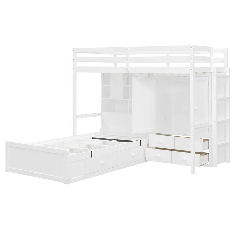 L-shaped Bunk Bed Twin Over Twin with Side Wardrobe and Under Drawers, Down Hydraulic Bed with Storage Shelves for Bedroom