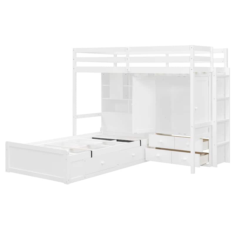 Roomfitters Twin Bunk Bed with Hydraulic Lift, Wardrobe, Storage Shelves and Drawers,