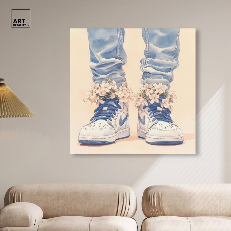 Gentle Blue Sneakers and Flowers Canvas by Art Remedy, Gallery Wrapped
