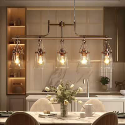 Haye Modern Gold Brass 5-Light Chandelier Seeded Glass Kitchen Island Lights for Dining Room - L37.8" x W 5.3" x H16.5"