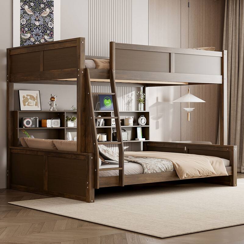 Full XL over Queen Bunk Bed with Storage Cabinets and USB Ports, Antique Wood Finish