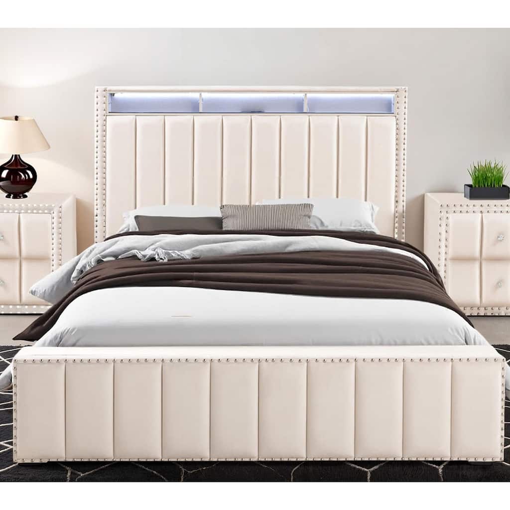 1pc Beige Finish Upholstered with LED Bed