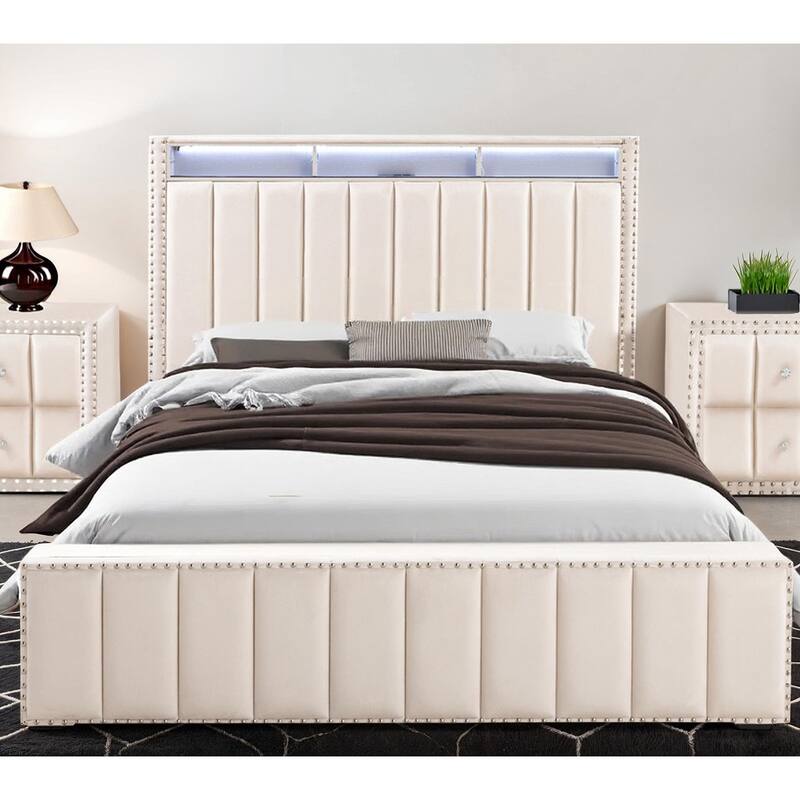 1pc Beige Finish Upholstered with LED Bed
