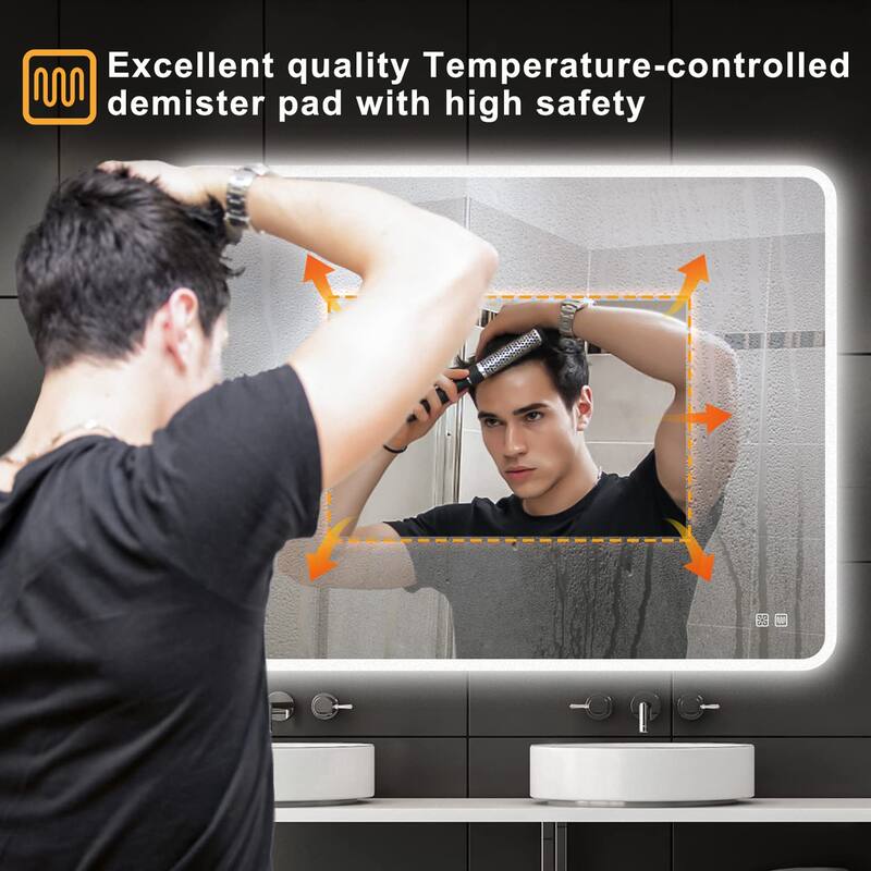 Rectangular Wall-Mounted Dimmable LED Bathroom Vanity Mirror with Defogger and Bluetooth Music Speaker