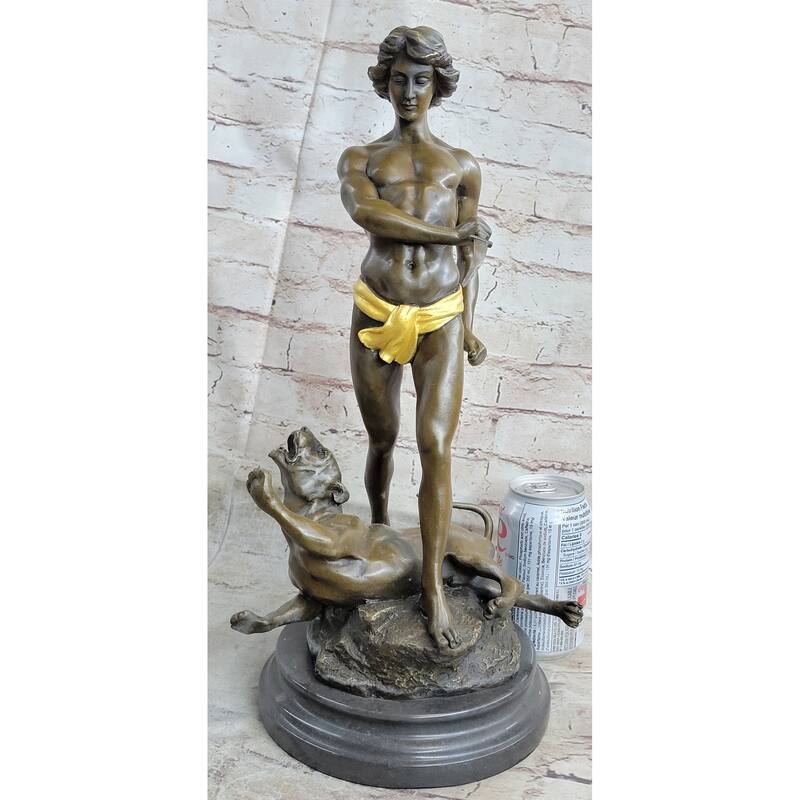 Hot Cast Art Deco Young Boy Killing Cougar With Dagger Bronze Sculpture Statue