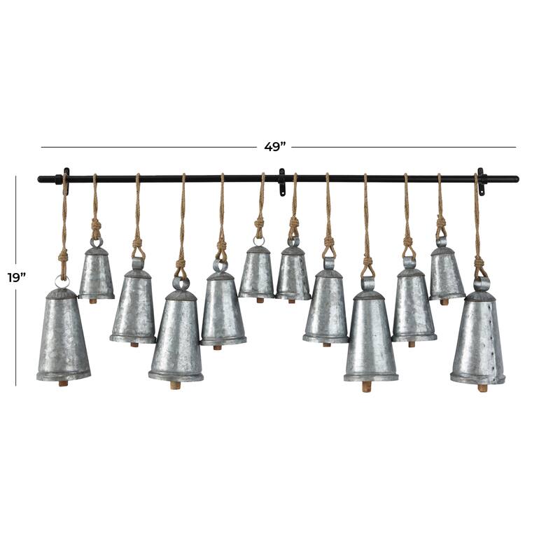 Gray or Bronze Metal Tibetan Inspired Decorative Cow Bell with Jute Hanging Rope and Rod