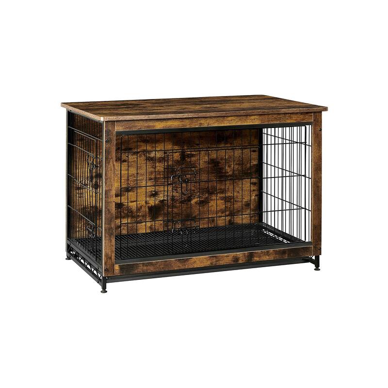 Rustic Brown Wooden Dog Crate End Table with Removable Tray and 2 Doors Ideal for Indoor Pet - Rustic-Brown