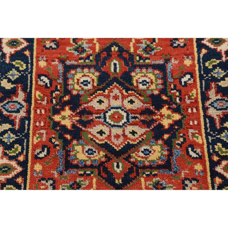 Hand Knotted Oriental 100% Wool Carpet Traditional Geometric Oranges & Rust Heriz (serapi) Runner Rug - 9' 9'' X 2' 6''