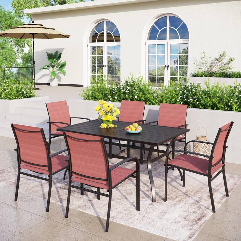 MAISON ARTS 7-Piece Patio Dining Set Metal Rectangle Table and 6 Textilene Dining Chairs - Red