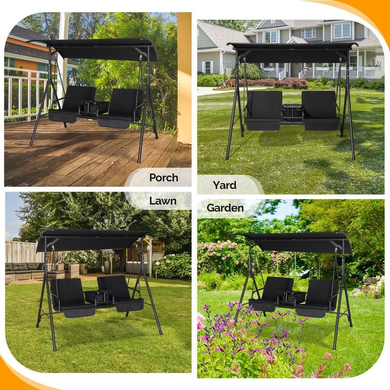 Outdoor Patio Porch Swing with Stand, Canopy, Pivot Storage Table and Cooler Bag - N/A