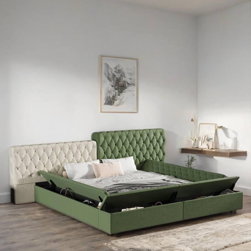 King Size Upholstered Bed with Storage Compartments and Footboard