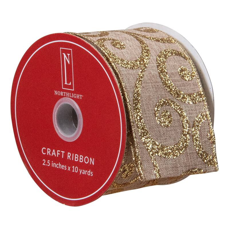 Burlap and Gold Scroll Christmas Wired Craft Ribbon 2.5" x 10 Yards - 2.5" x 10 Yards