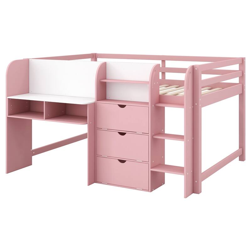Full Size Low Loft Bed Frame with Built-in Desk, Storage Cabinets and Open Bookcase, Whiteboard for Graffiti - Storage Loft Bed