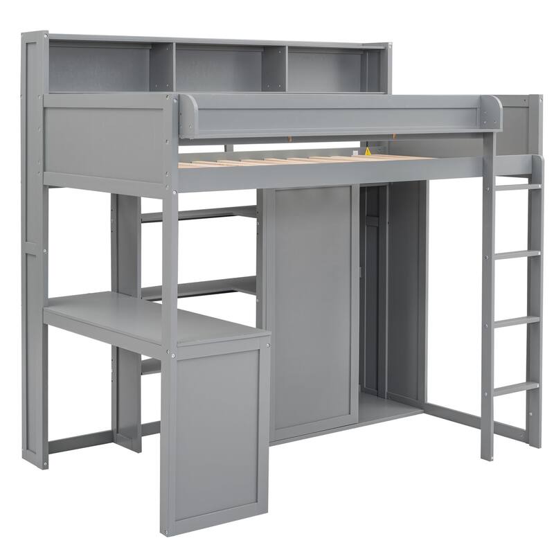 Twin Loft Bed w/ 17.7''x 48.5'' Built-in Desk, Wardrobe, Bookshelves