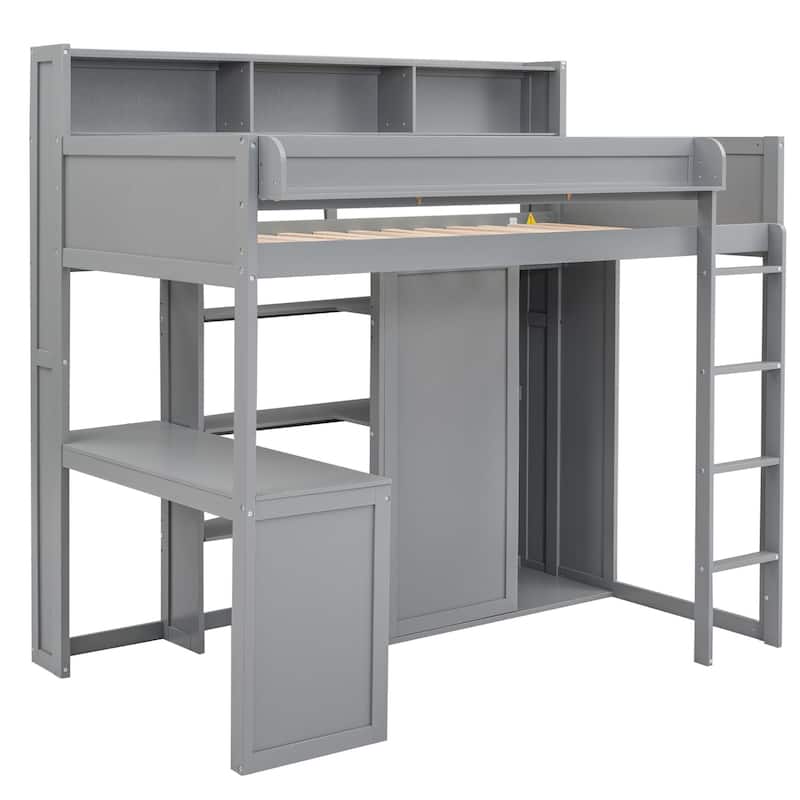 Twin Size Loft Bed with Storage Shelves, Wardrobe, and Built-in Desk, Gray